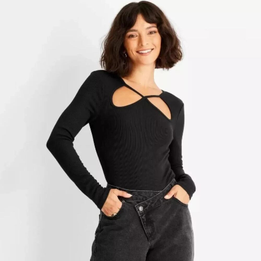 Future Collective Target Ribbed Cut Out Neck Bodysuit Black Size M Long Sleeve